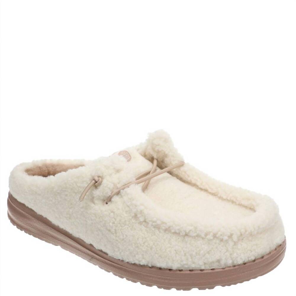 NEW HEY DUDE women's wendy slip sherpa shoes in egret